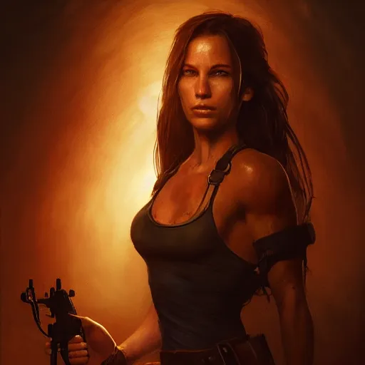 Image similar to Lara Croft portrait, atmospheric lighting, painted, intricate, volumetric lighting, beautiful, rich deep colors masterpiece, golden hour, sharp focus, ultra detailed, by Leesha Hannigan, Ross Tran, Thierry Doizon, Kai Carpenter,Ignacio Fernández Ríos