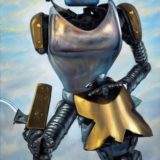 Prompt: a magnificent robot holding a powerful sword, most beautiful image ever created, emotionally evocative, greatest art ever made, lifetime achievement magnum opus masterpiece, the most amazing breathtaking image with the deepest message ever painted, a thing of beauty beyond imagination or words