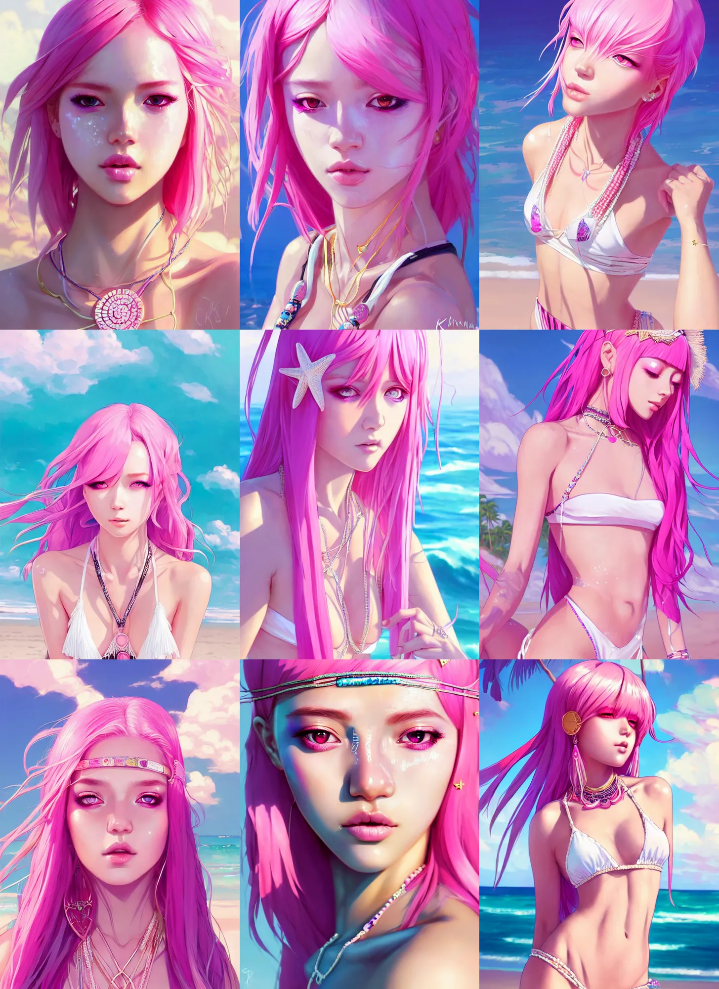 Prompt: portrait of a beautiful stunning girl with pink hair with boho accessories, in white reflective bikini at beach, glossy, symmetry face, top lighting, big eyes, highly detailed, seraphine ahri kda, art by krenz and wenjun lin and starember and kuvshinov ilya and kidmo and rossdraws and artgerm