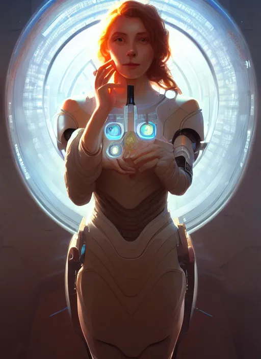 Prompt: portrait of intelligent female science fiction scientist, intricate, elegant, highly detailed, ray tracing, digital painting, artstation, concept art, smooth, sharp focus, illustration, art by artgerm and greg rutkowski and alphonse mucha, 8 k