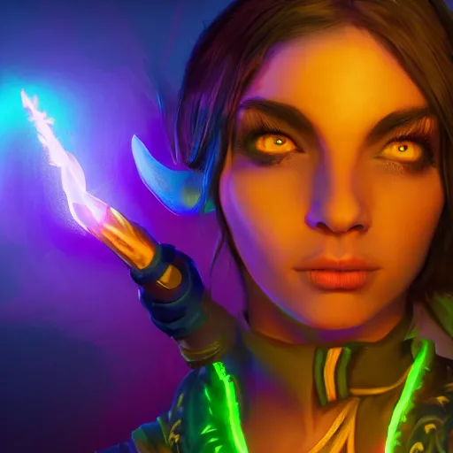 Prompt: a oil art portrait of young mage with neon magic in style of warcraft character, bard jester character sheet, 4 k, ultra detail, volumetric lighting, unreal engine, octane render, grimdark