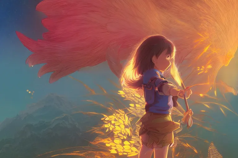 Prompt: a halfling with golden wings. 4 k digital paint by studio ghibli hayao miyazaki. vivid colours, vaporwave lighting style, intricate, very sharp and detailed. trending on artstation and behance.