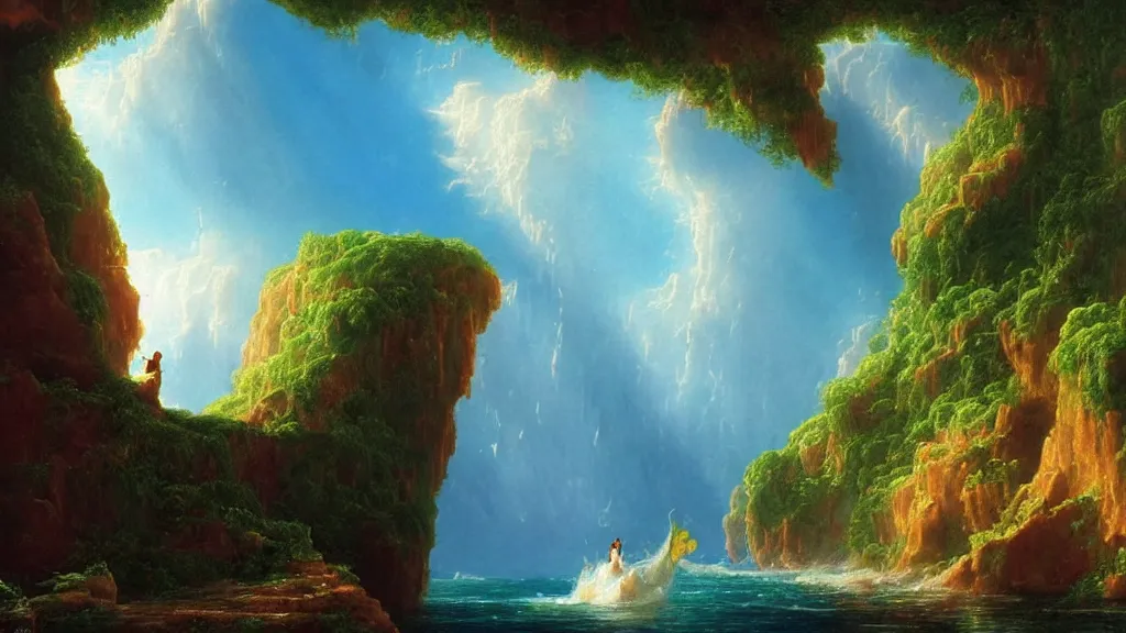 Prompt: very detailed and perfectly readable fine and soft relevant out of lines soft edges painting by beautiful walt disney animation films of the late 1 9 9 0 s and thomas cole in hd, we see an ocean world, nice lighting, perfect readability