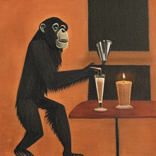 Prompt: Gothic painting of a chimpanzee serving coffee as a barista, in a night-time old-fashioned New York Cafe, candlelight, full shot,