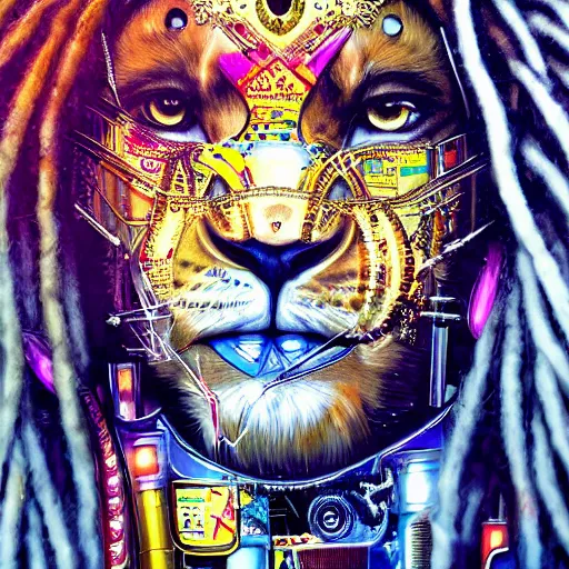 Image similar to portrait of cyborg lion with dreadlocks by sandra chevrier, by makoto shinkai, cybernetics, glamor shot, closeup, vivid colours, hyper realistic detailed intricate render, hypermaximalist, ornate, epic composition, sharp focus, masterpiece