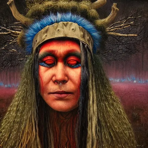 Image similar to A young blindfolded shaman woman with a decorated headband from which blood flows, in the style of heilung, blue hair and wood on her head. The background is a forest on fire, made by Esao Andrews and Karol Bak and Zdzislaw Beksinski,