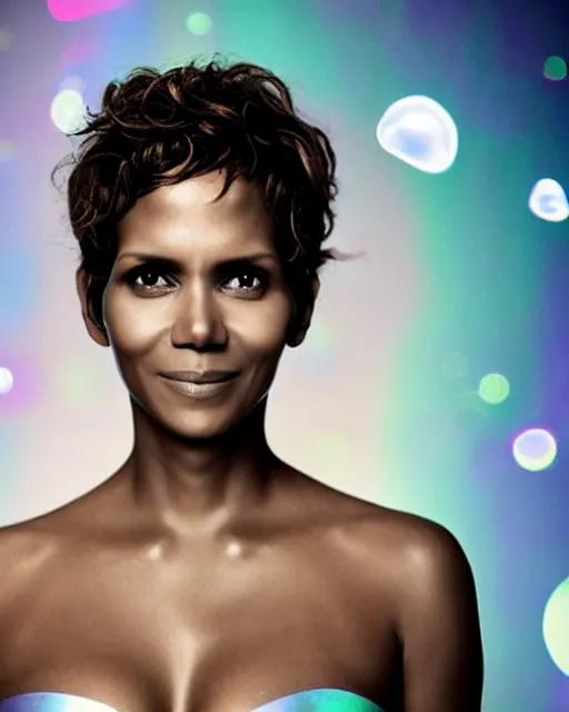 Prompt: annie leibovitz style photoshoot editorial of halle berry as sue storm, the invisible woman from the fantastic four, she is wearing a beautiful iridescent shimmering, glowing jellyfish like wedding dress made from her force field powers, hyperreal, magical, translucent, iridescent, studio lighting, soft focus, bokeh, 5 0 mm