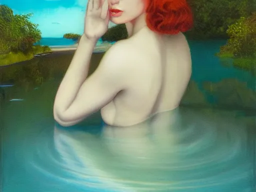 Prompt: a painting of a woman in a body of water, a fine art painting by jan tengnagel, trending on deviantart, pop surrealism, tarot card, pre - raphaelite, artwork