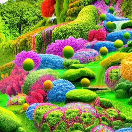 Prompt: hyperrealistic whimsical landscape colorful flowers near the edge of a giant waterfall, giant lolipop trees and manicured hedges, Alice in wonderland theme, fantasy