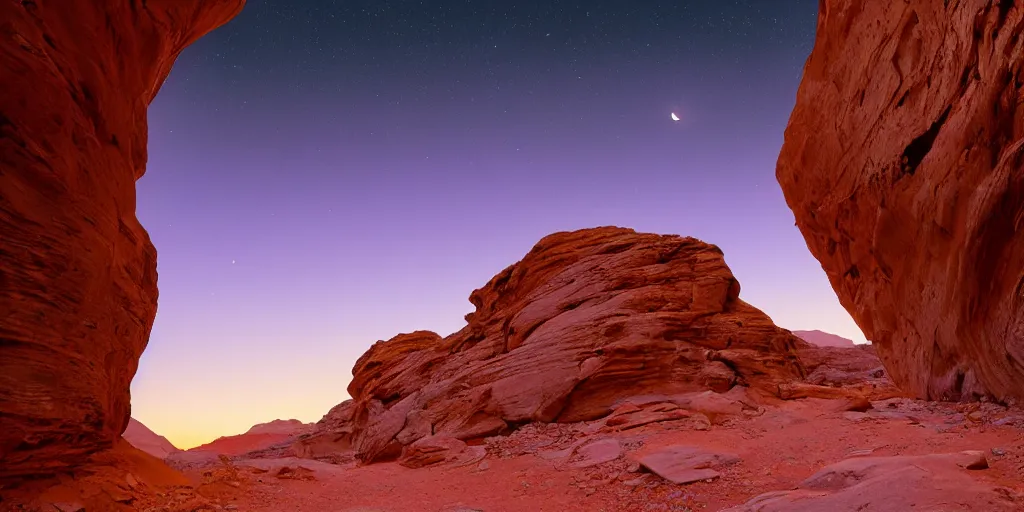 Image similar to a view looking out of a cave of a dried up river bend running through a canyon surrounded by desert mountains at sunset on mars, purple sky, two moons, planet mars, moab, utah, a tilt shift photo by frederic church, trending on unsplash, hudson river school, photo taken with provia, national geographic photo