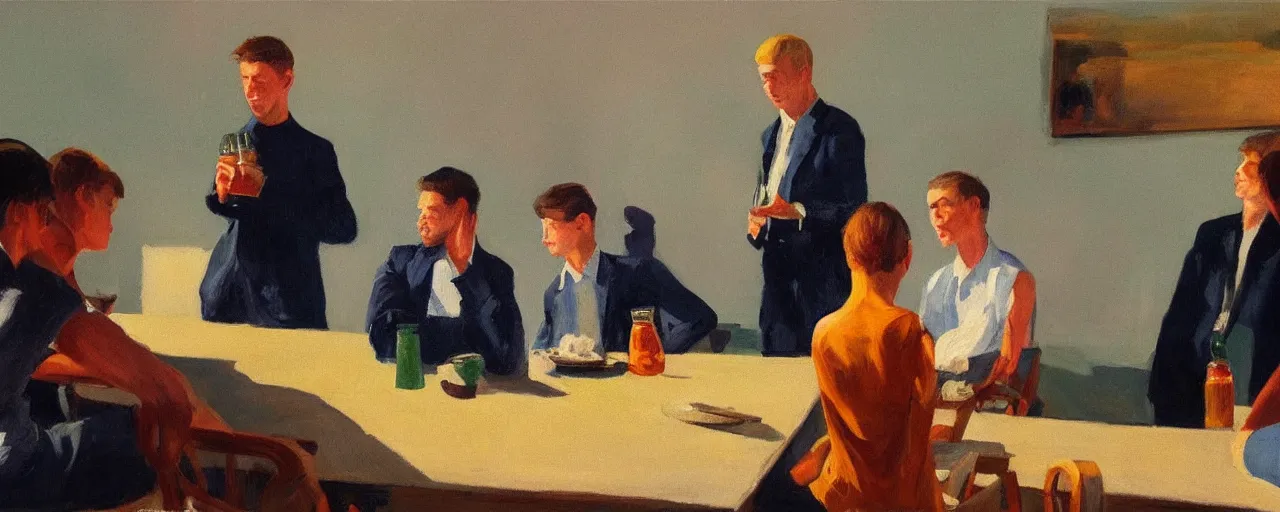 Prompt: a group of gen z friends sitting around talking about climate change while drinking old fashions, one of the friends is standing in preaching, in the style of an edward hopper painting