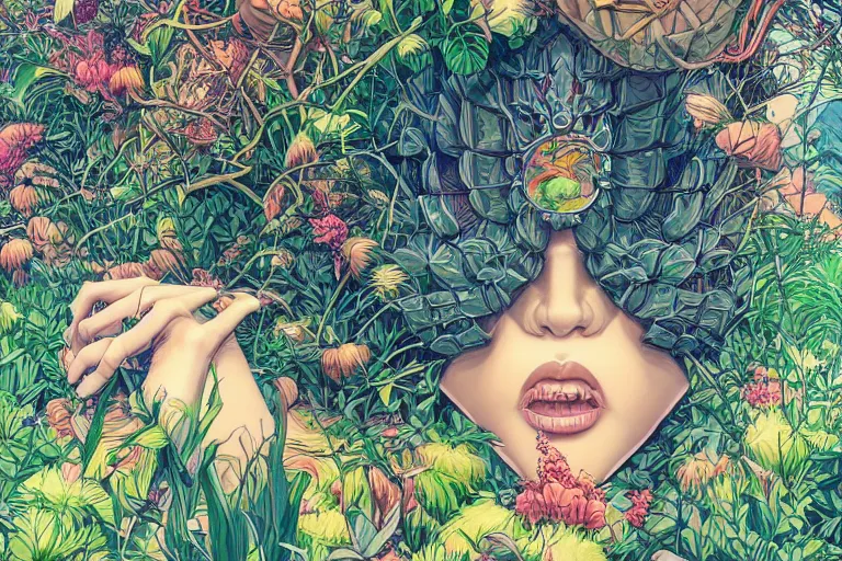 Image similar to gigantic robot head, a lot of exotic vegetation, trees, flowers by moebius, junji ito, tristan eaton, victo ngai, artgerm, rhads, ross draws, hyperrealism, intricate detailed