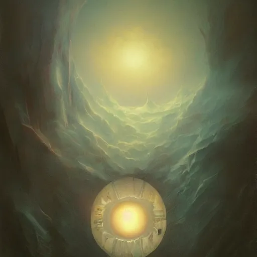 Image similar to beautiful realistic fantasy painting of an orb with a face , by pascal blanche and Frazetta and Beksinski, volumetric lighting, trending on art station, polarizer filter