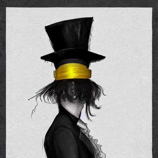 Image similar to a highly detailed portrait of a man in a high top hat covering his face, in a black tailcoat with a yellow waistcoat under the tailcoat, artstation, deviantart, professional, unreal engine 5, photorealistic