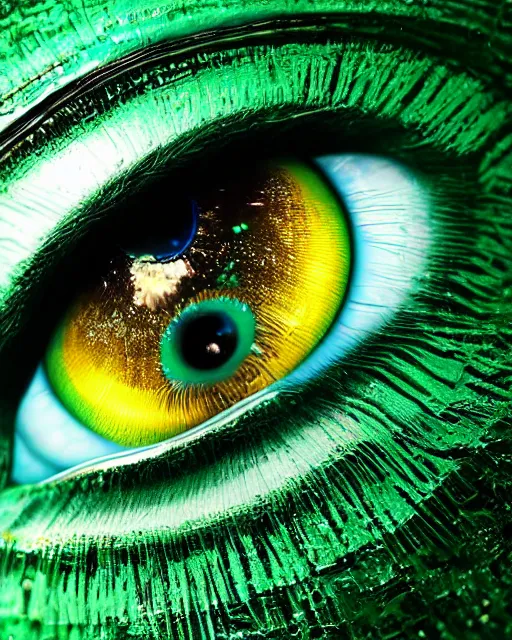 Image similar to hyper realistic photo of beautiful green eye reflecting a sky full of a billion stars, hyper realistic, fractal art, art station, coherent design, symmetrical, vivid colour, complementary colour, golden ratio, detailed, sharp lines, intricate, rainbow shift, in unreal 3 d engine, ray tracing, octane render