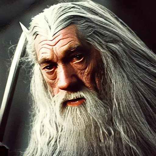 Prompt: a still from “ lord of the rings ” of a head and shoulders portrait of gandalf played by evil betty, photo by phil noto