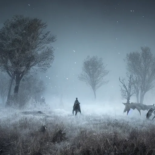 Image similar to the wild hunt, wraiths riding in the sky, spectres, mythical creatures in undead nightmare, bad omen, aflutter enchanted forest, dauntless witchers pursuing, blizzard storm, fog, full moon, snowy environment, hyperrealism, atmospheric, cinematic, breathtaking, award winning, groundbreaking, octane render, unreal 5, intricate digital art, 8 k