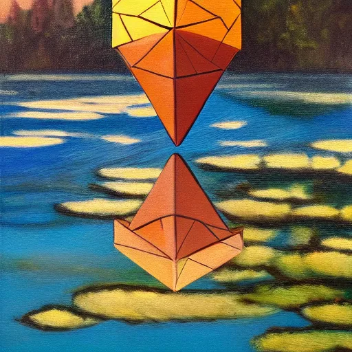 Prompt: an oil painting of an icosahedron floating above a lake