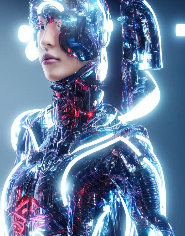 Image similar to full body portrait photo of japanese model cyborg with digital led skin, neon lighting, techno neon projector background, portrait photo, intricate details, ultra realistic, unreal engine 5, depth of field, bokeh, octane render, 8 k hd