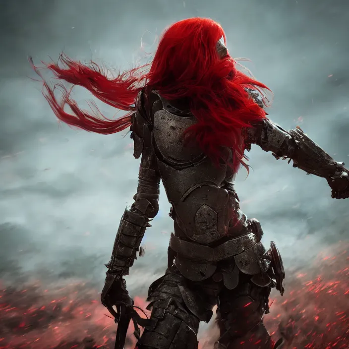 Image similar to a girl with a long red hair wearing a full-body red plate armor screaming in a battlefield, horror picture, hyperrealistic, concept art, octane render, unreal engine 5, 8K HDR, highly detailed, high quality, fantasy armor