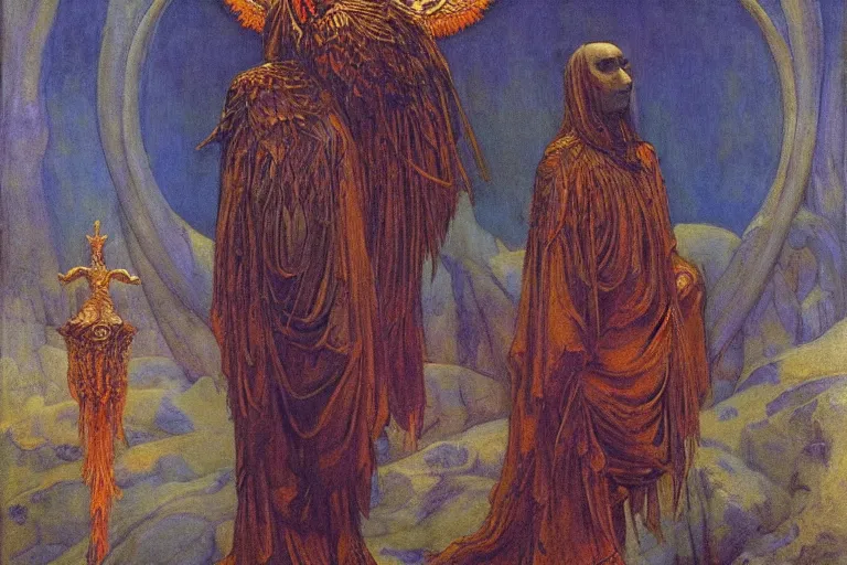 Prompt: coronation of the raven, by Annie Swynnerton and jean delville and Nicholas Roerich, bioluminescent skin!, elaborate costume, geometric ornament, symbolist, rich colors, dramatic lighting, smooth, sharp focus, extremely detailed