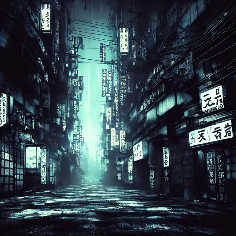 Prompt: surreal abandoned dark street in tokyo, cyberpunk, broken lights neon ads, dark clouds, surreal abandoned buildings, dream-like heavy atmosphere, baroque painting, beautiful detailed intricate insanely detailed octane render trending on Artstation, 8K artistic photography, photorealistic, dramatic volumetric cinematic perfect light, chiaroscuro, award-winning photograph, masterpiece, Raphael, Caravaggio, Beksinski, Giger