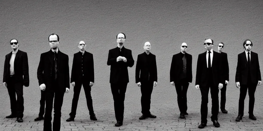 Prompt: Agent Smith, photo of a group, an album cover by David Gilmour Blythe, pinterest, bauhaus, tesseract, composition, national geographic photo, flemish baroque