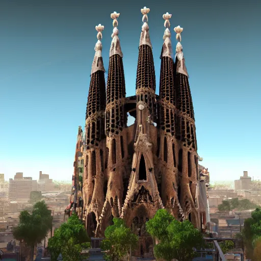 Image similar to finished version of sagrada familia by Gaudí, 4k, unreal engine, light particles, artstation