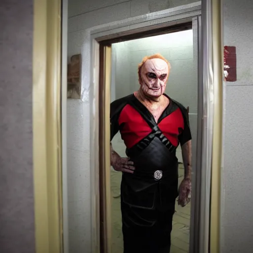 Prompt: portrait of Klingon Chancellor Gowron in full Klingon costume and makeup in a dirty gas station bathroom as he inspects a small round hole in the wall of the toilet stall
