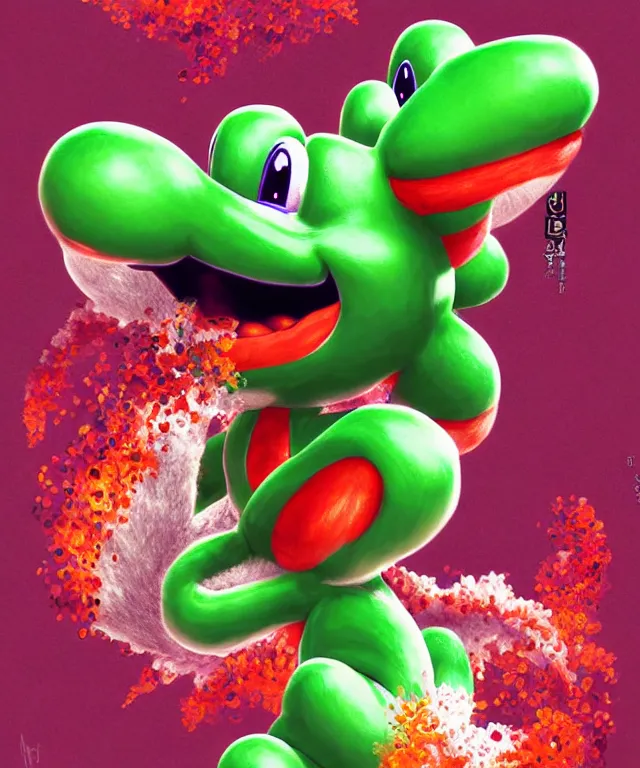 Prompt: yoshi, highly detailed digital illustration, by ross tran, hirohiko araki, koyoharu gotouge