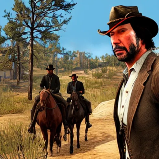 Image similar to Cover art of Red Dead Redemption 3, no text, Keanu Reeves as the main character