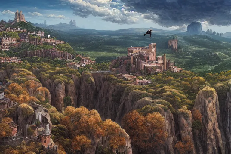 Image similar to an ultra detailed matte landscape painting of an extremely tall and strong young man with short brown hair standing on a cliff overlooking a medieval capital built on top of many hills, italian renaissance architecture, ultrawide lense, aerial photography, 8 k, volumetric lighting, smooth, highly detailed, digital illustration, art by kentaro miura and akira toriyama and artgerm