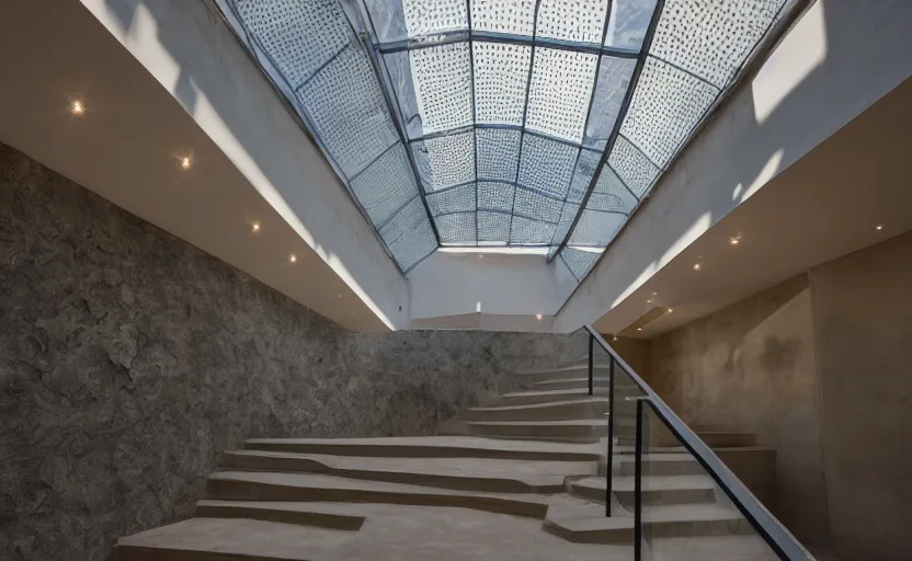 Image similar to a gallery with no walls just staircases guggenheim skylight realistic photo plaster slate