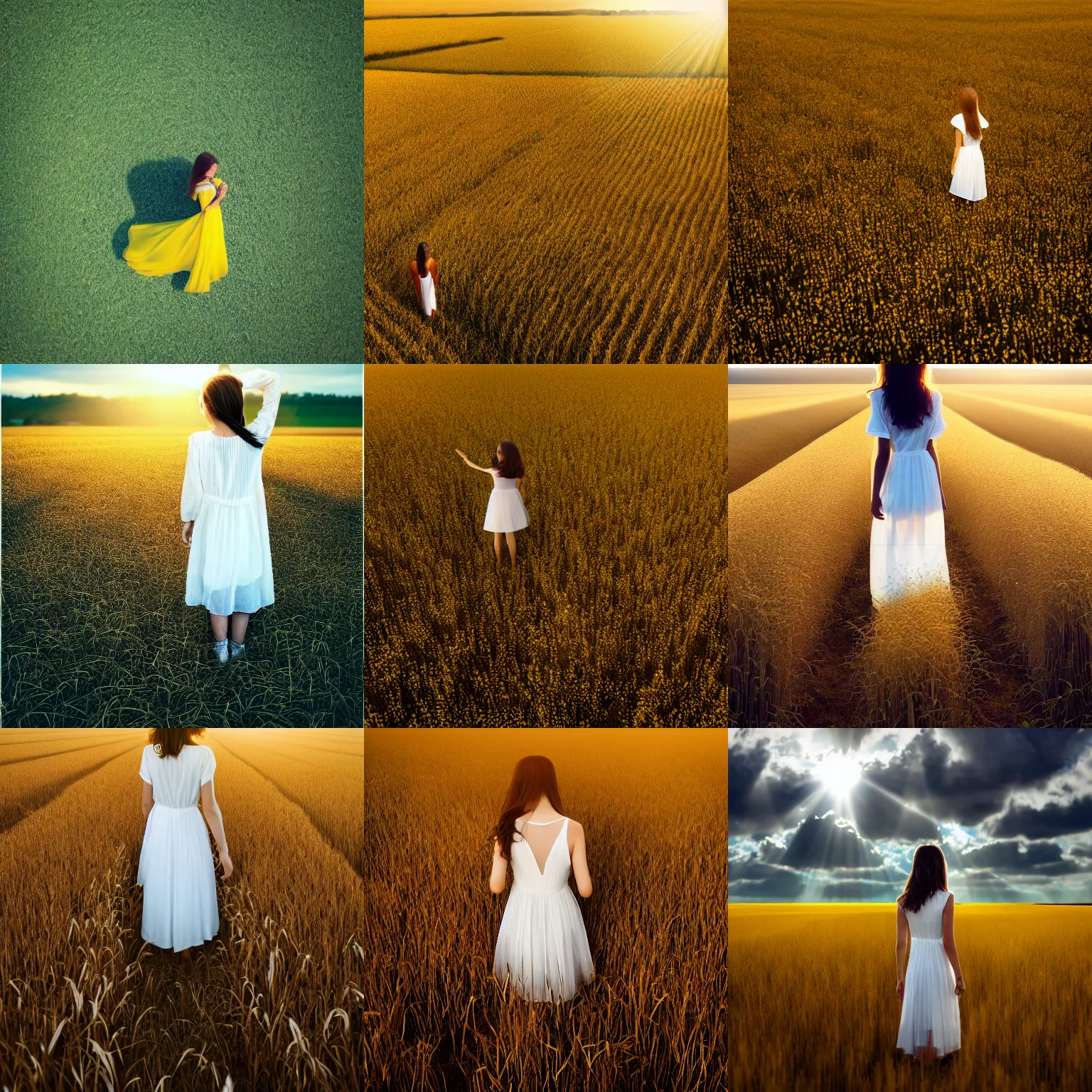 Prompt: bokeh, aerial shot, a beautiful photo of a petite brunette girl in a very wide transparent thin light white dress standing on a bright yellow rye field, a lot of clouds, long shadows, photo from the back, 135mm, trending on artstation, hyper detailed, hyper realistic, chrome accents, mild, ethereal, elegant, tender