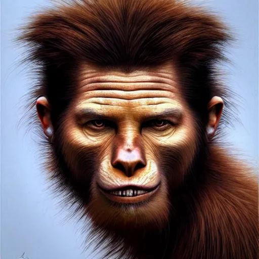 Image similar to africa, beautiful portrait of a very funny actor tom cruise playing with ginger red big monkey, face like monkey, emma watson actress blended monkey face, ape, powerful, dramatic lighting, intricate, wild, highly detailed, digital painting, cinematic, artstation, concept art, sharp edges and focus, illustration, art by artgerm and greg rutkowski and alphonse mucha