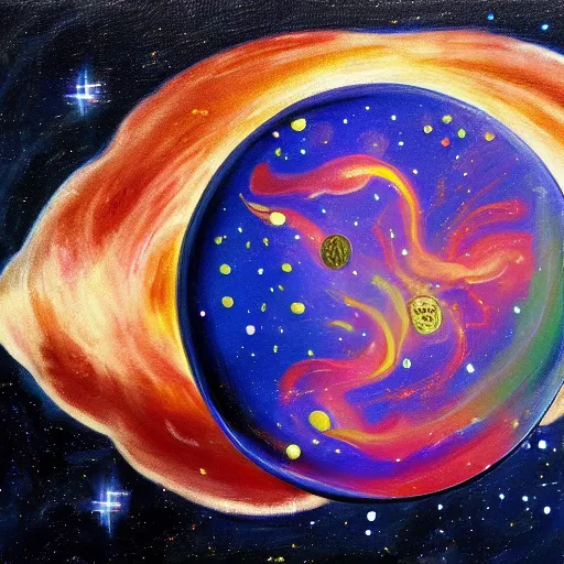 Prompt: a painting of a coin with space explosions