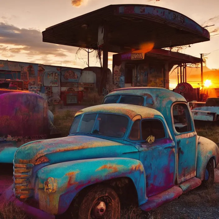 Image similar to a sunset light landscape with historical route 6 6, lots of sparkling details and sun ray ’ s, blinding backlight, smoke, volumetric lighting, colorful, octane, 3 5 mm, abandoned gas station, old rusty pickup - truck, beautiful epic colored reflections, very colorful heavenly, softlight