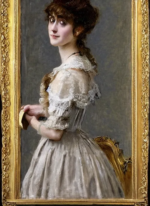 Image similar to young victorian lady in ball gown, absent - minded, holding a book, painted by alfred stevens