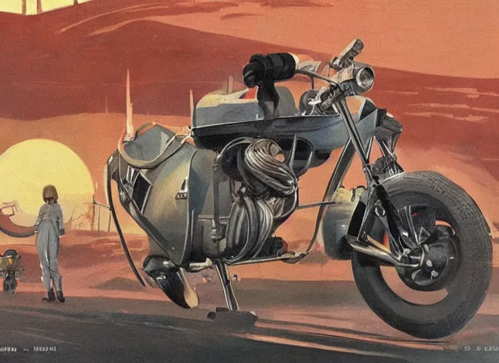 Prompt: ( ( ( ( ( classic ralph mcquarrie star wars concept art, 1 9 5 0 s scrambler, 1 9 6 0 s cafe racer, painting ) ) ) ) ) by ralph mcquarrie and star wars and beyond the black rainbow!!!!!!!