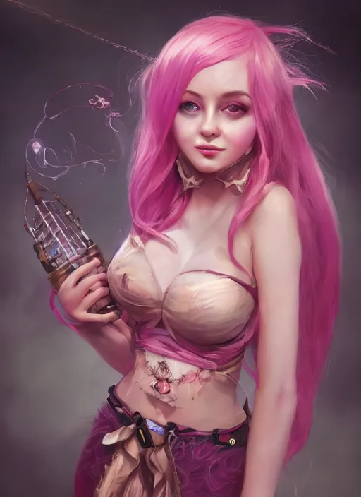 Image similar to playful seraphine, from league of legends, au naturel, pink hair, new musical instruments, hyper detailed, digital art, trending in artstation, cinematic lighting, studio quality, smooth render, unreal engine 5 rendered, octane rendered, art style by klimt and nixeu and ian sprigger and wlop and krenz cushart