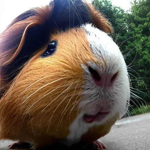 Image similar to a guinea pig selfie in front of a burning building