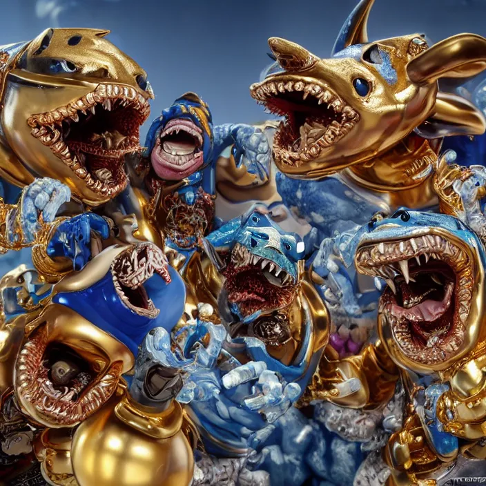 Prompt: jeff koons hip hop style street sharks wearing grillz and a ton of bussdown iced gold bling, ultra realistic, concept art, intricate details, serious, highly detailed, photorealistic, octane render, 8 k, unreal engine, art by todd mcfarlane and artgerm and greg rutkowski and alphonse mucha