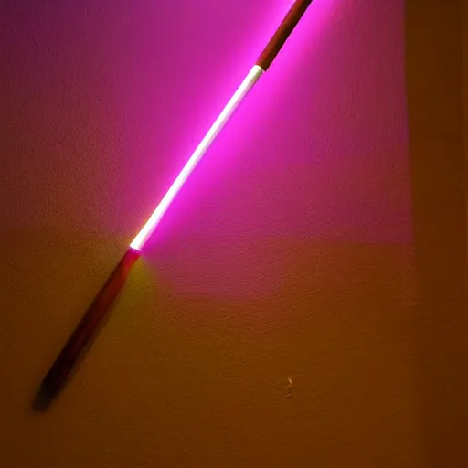 Prompt: A wand made out of pink wood shooting purple lighting.