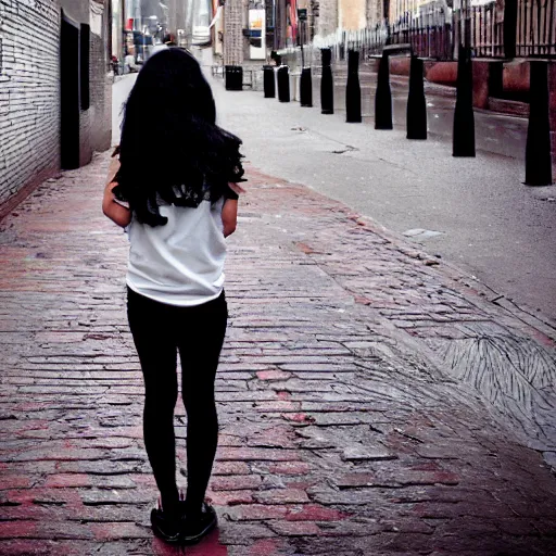 Prompt: a pale emo girl, messy black and red hair, waist length, british street background, flickr, 2 0 0 6