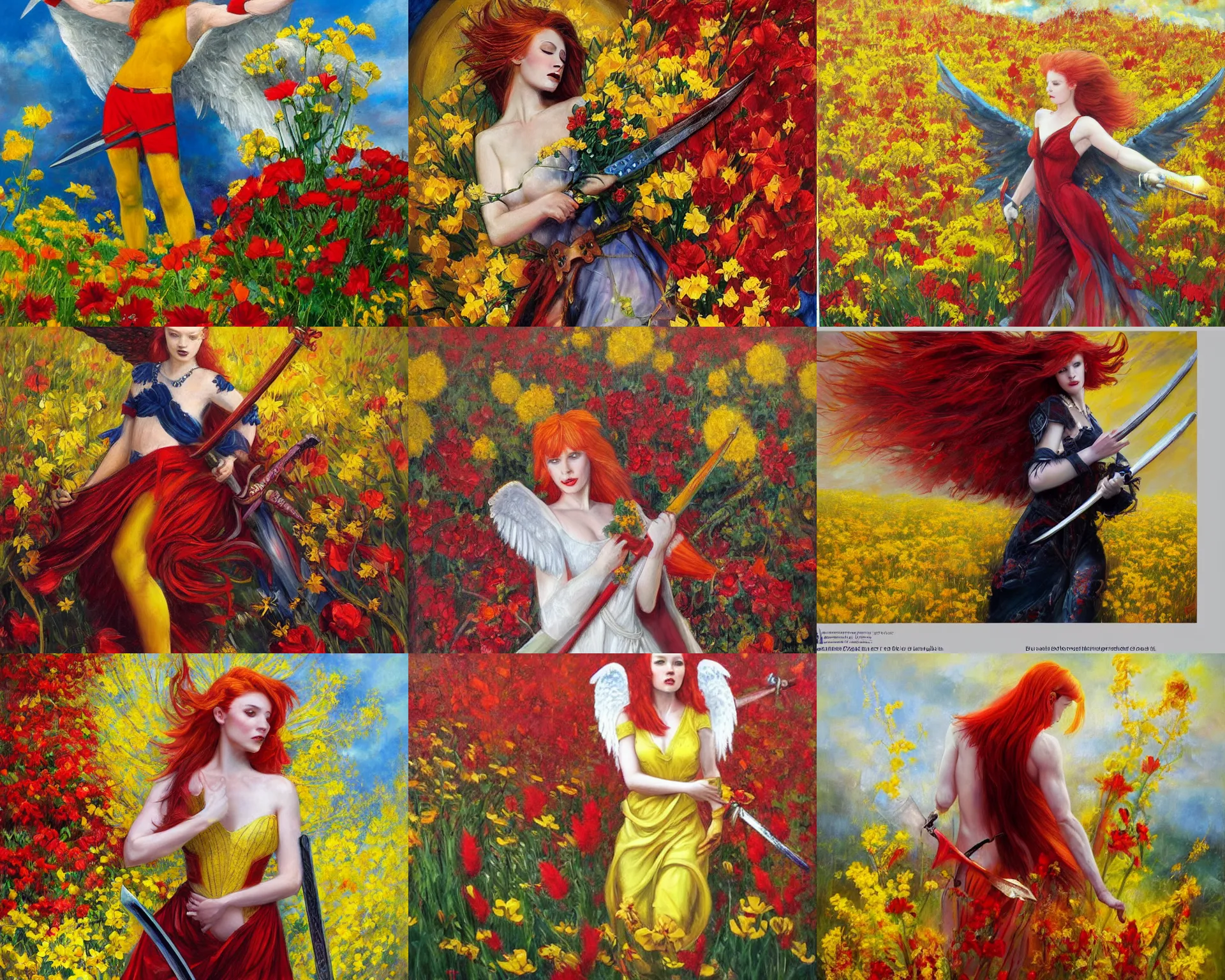 Prompt: a beautiful elegant angel with red hair and a sword in his hand dances in a bright field of flowers, overcast, yellow and red color scheme, wide angle, very longshot, oil painting by David Johnston