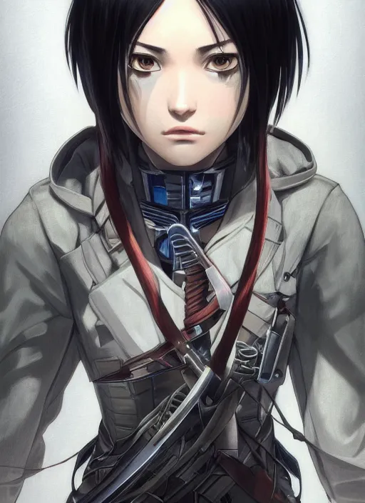 Prompt: asymmetrical!! portrait of mikasa ackerman from attack on titan with large neontubes in face in the style of, machine face, intricate, elegant, highly detailed, digital painting, artstation, biolusence, concept art, smooth, sharp focus, illustration, art by artgerm and greg rutkowski and alphonse mucha, horizon zero dawn 8 k