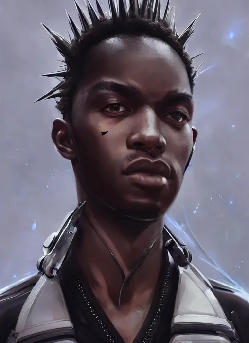 Prompt: portrait of a young black man with a mohawk and a solid black pupils, wearing futuristic techwear highly detailed, digital painting, artstation, concept art, smooth, sharp focus, illustration, art by wlop, uang guangjian and gil elvgren and sachin teng and greg rutkowski