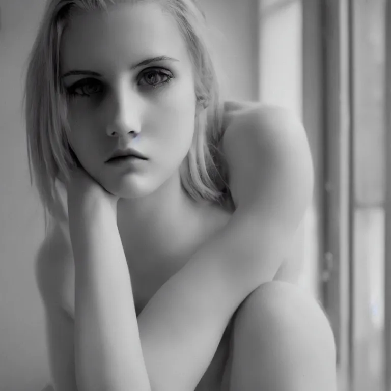 Image similar to cute annie leonhart in a white room, beautiful face, pale skin, rule of thirds, cinematic lighting, rainy weather, melancholy atmosphere, sharp focus, backlit, stunning, model agency, smooth, hard focus, full body shot, instagram photo, shot on iphone 1 3 pro max, hyper realistic,