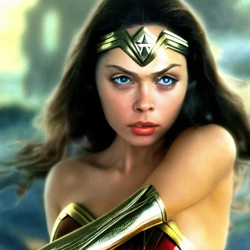 Image similar to ornella muti as wonder woman, 8 k resolution hyperdetailed photo realistic, extremely high quality and life like