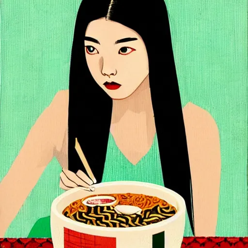 Prompt: beautiful japanese female model eating ramen soup portrait in the style of art anya taylor - joy